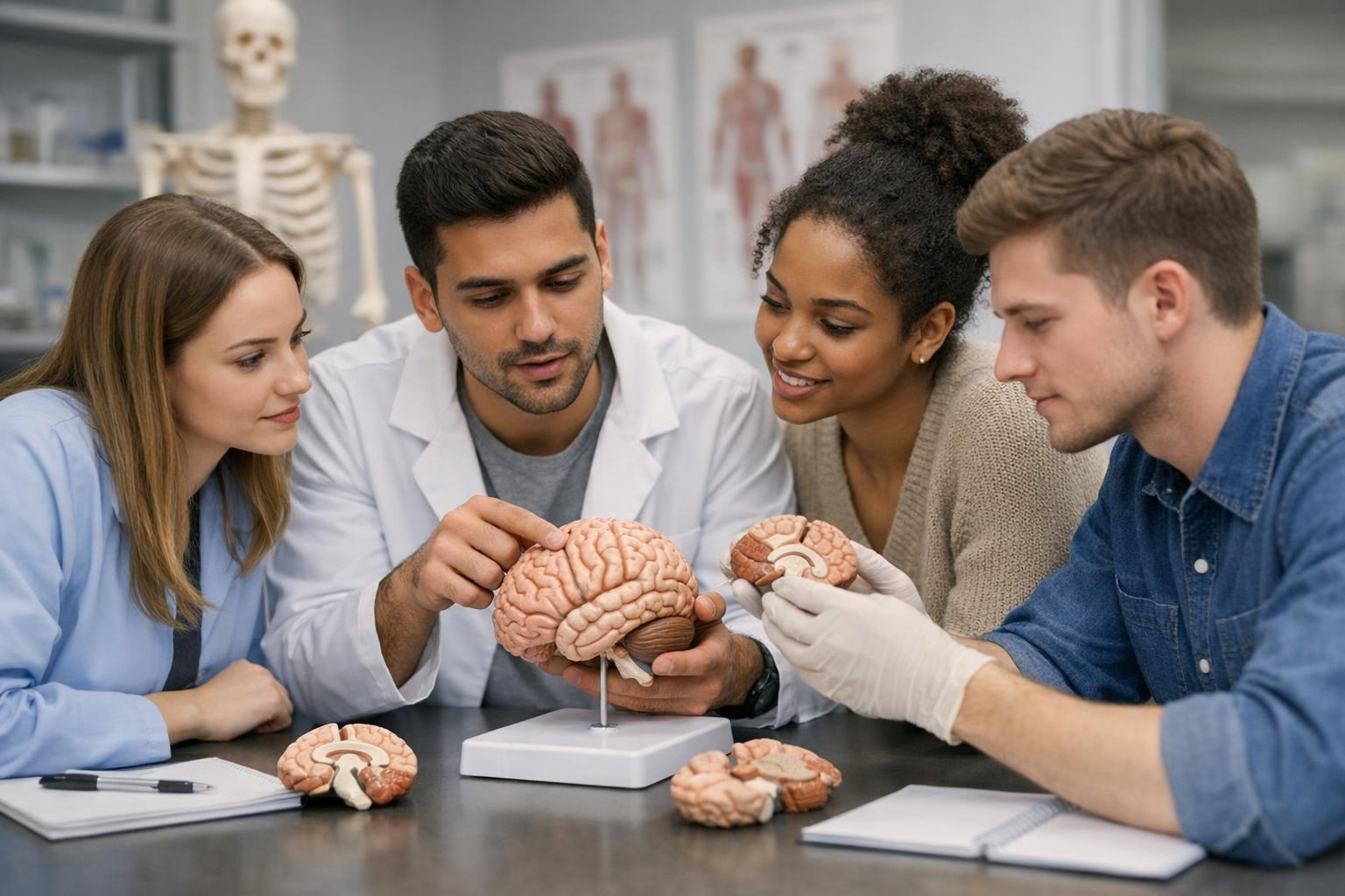 Zdjęcie: studenci analizujący model anatomiczny mózgu podczas zajęć praktycznych